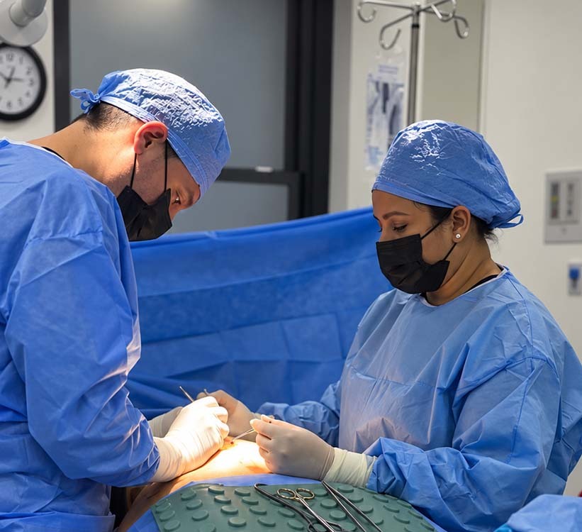 Plastic surgeons performing nipple enlargement surgery in a New York City operating room
